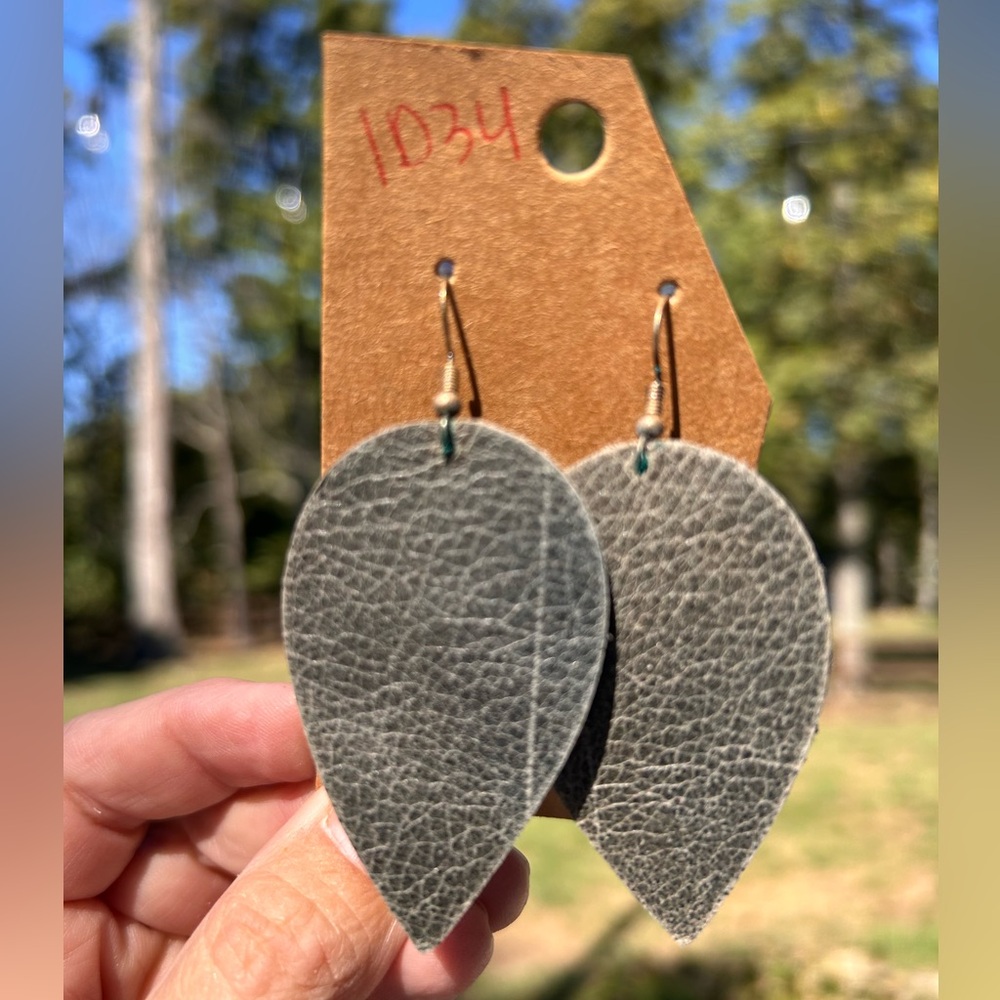 Gray Leather Teardrop Earrings